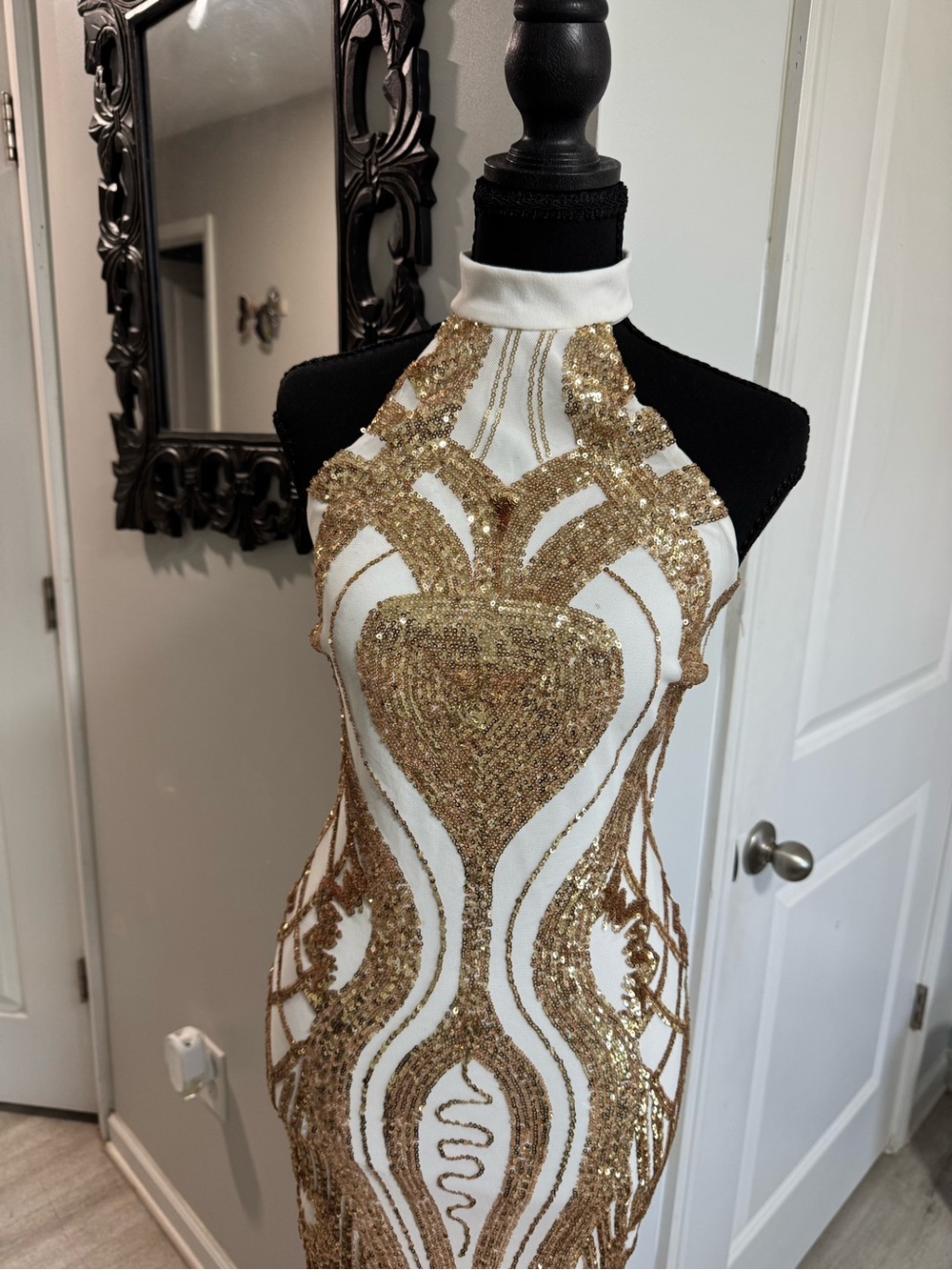 Fashion Nova White and Gold Sequin Halter Gown